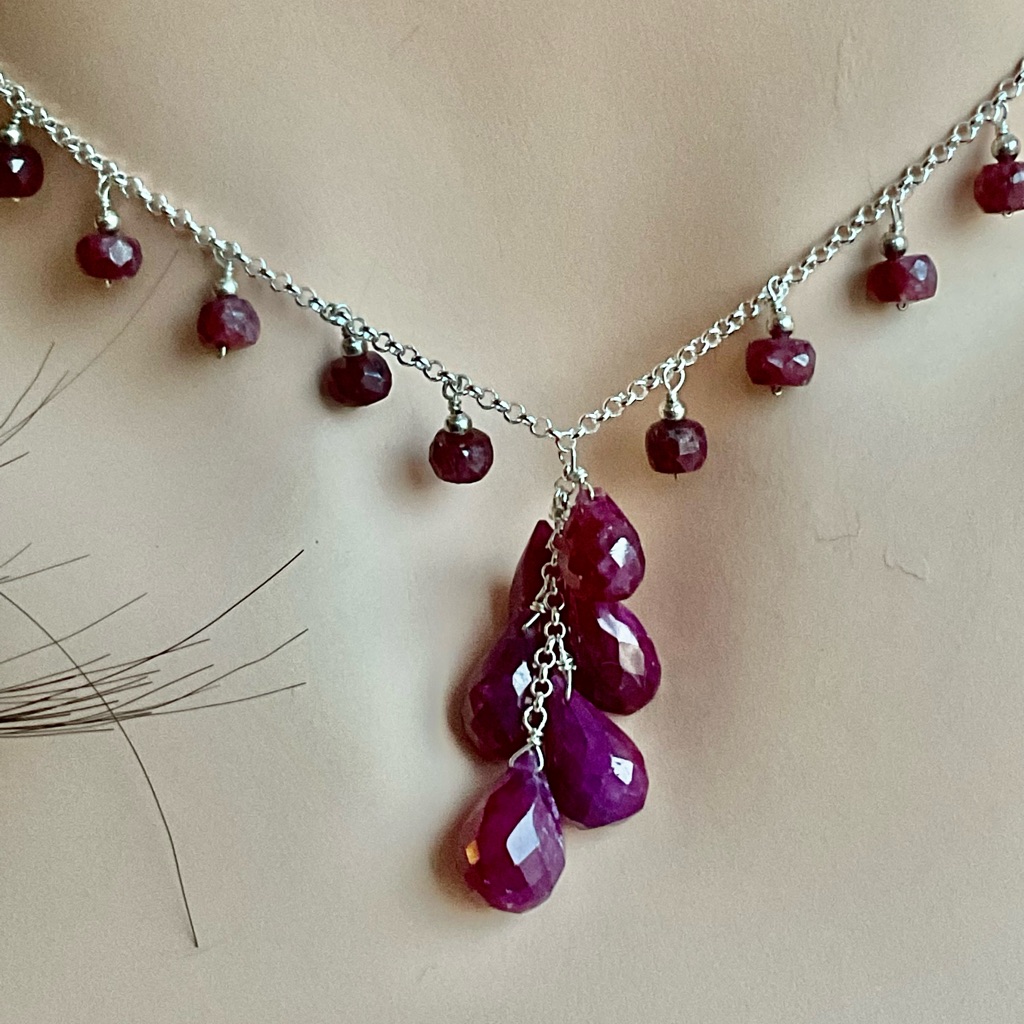 925 Silver Ruby Tear Drop Briolettes Dangle Earrings 1.75”And Necklace 18”Set.